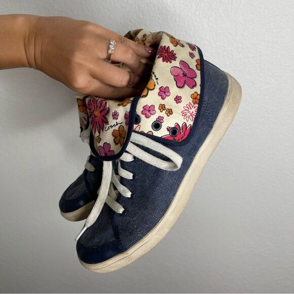 Coach Sneakers Erikka Fold Over High Top Shoes Poppy Denim Size 8 - Picture 3 of 7